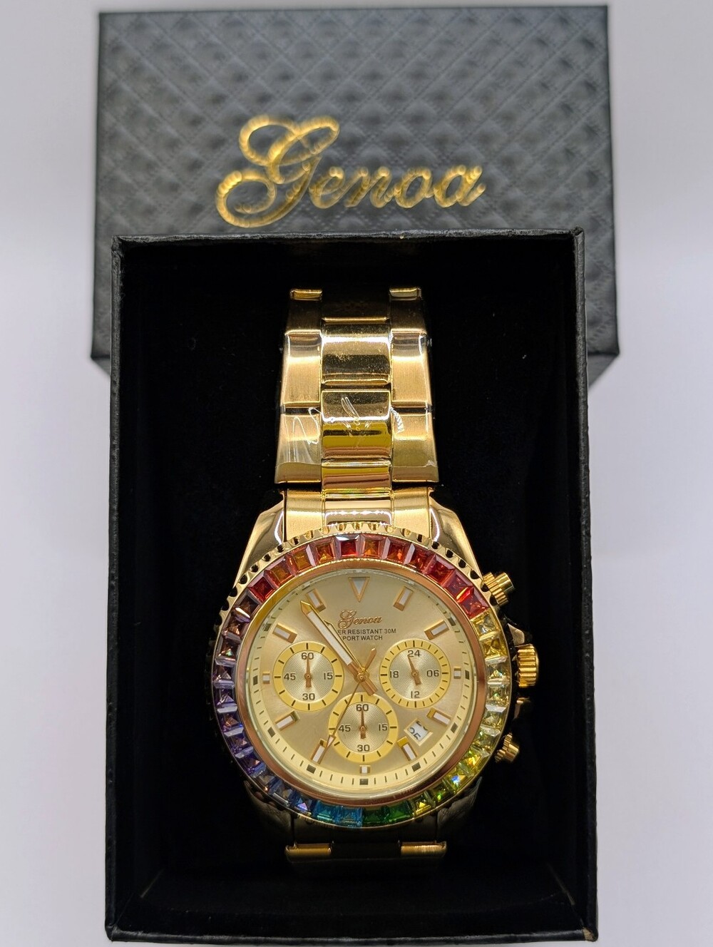 Genoa Gold Men's Stainless Steel Sports Watch with Rainbow Crystal Bezel